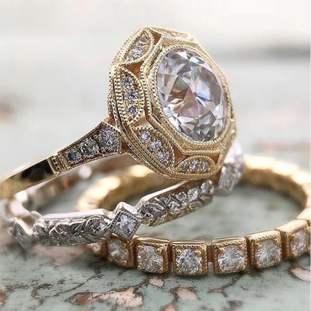 New Women’s 3pc/Set Yellow Gold Plated Diamond Ring